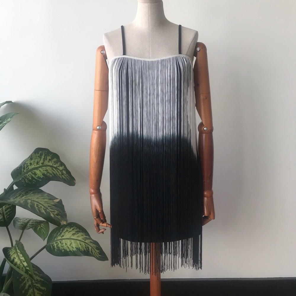 Black and white dip-dye fringe mini dress